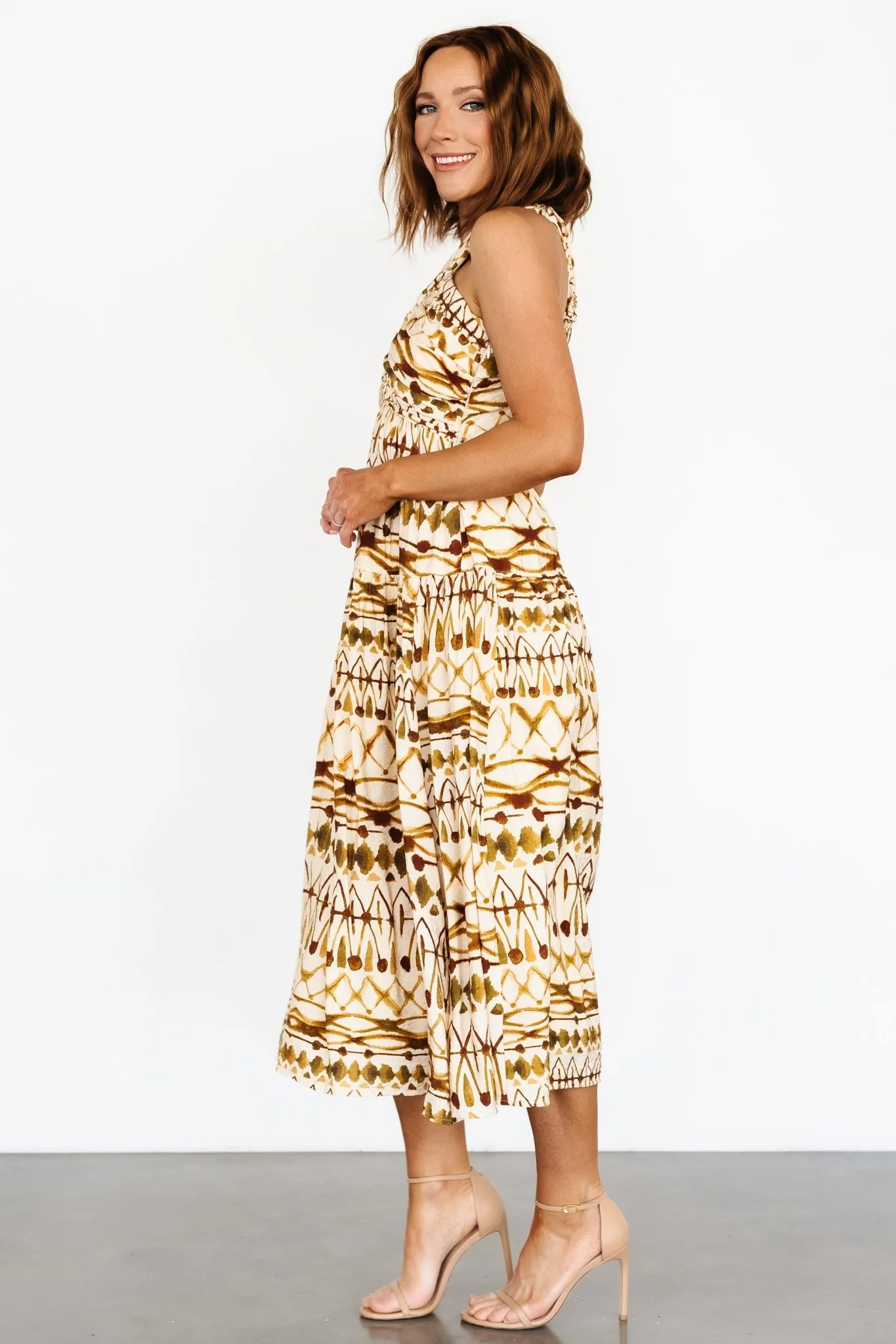 Seraphina Open Back Midi Dress — Tan Multi 3 Seraphina Open Back Midi Dress — Tan Multi
