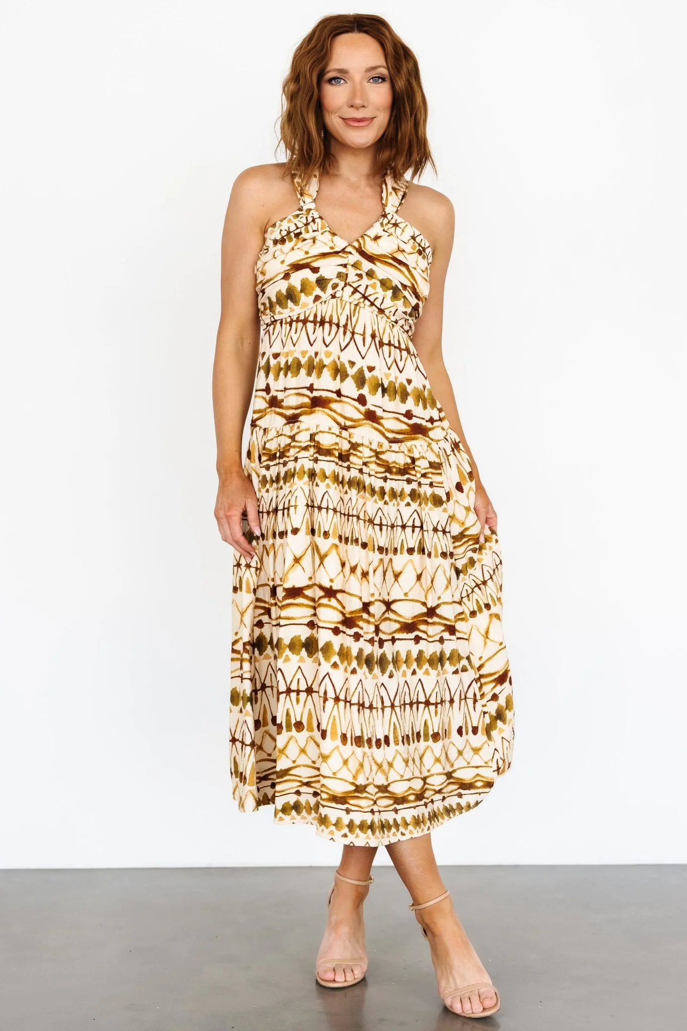 Seraphina Open Back Midi Dress — Tan Multi 5 Seraphina Open Back Midi Dress — Tan Multi