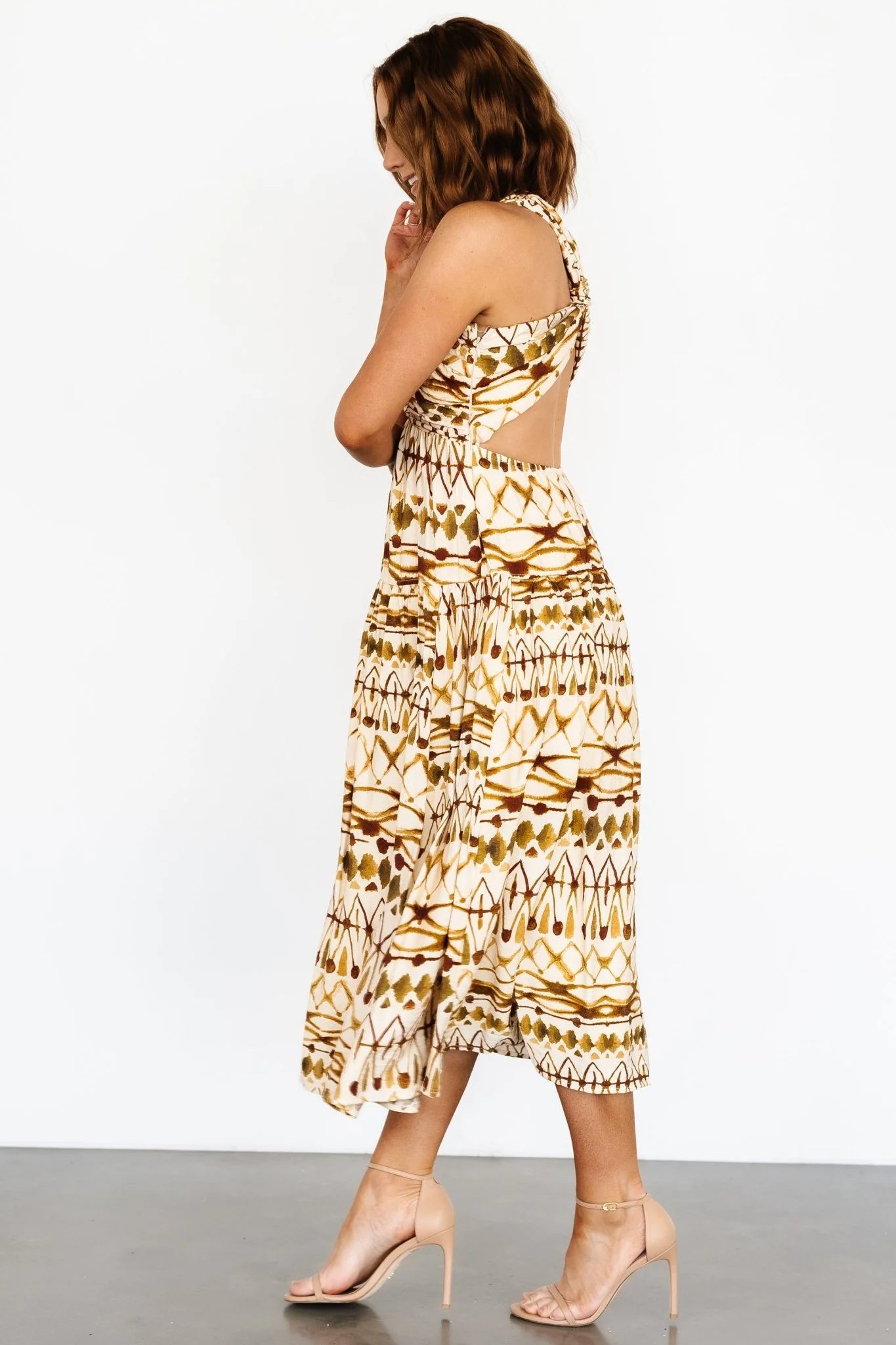 Seraphina Open Back Midi Dress — Tan Multi 6 Seraphina Open Back Midi Dress — Tan Multi