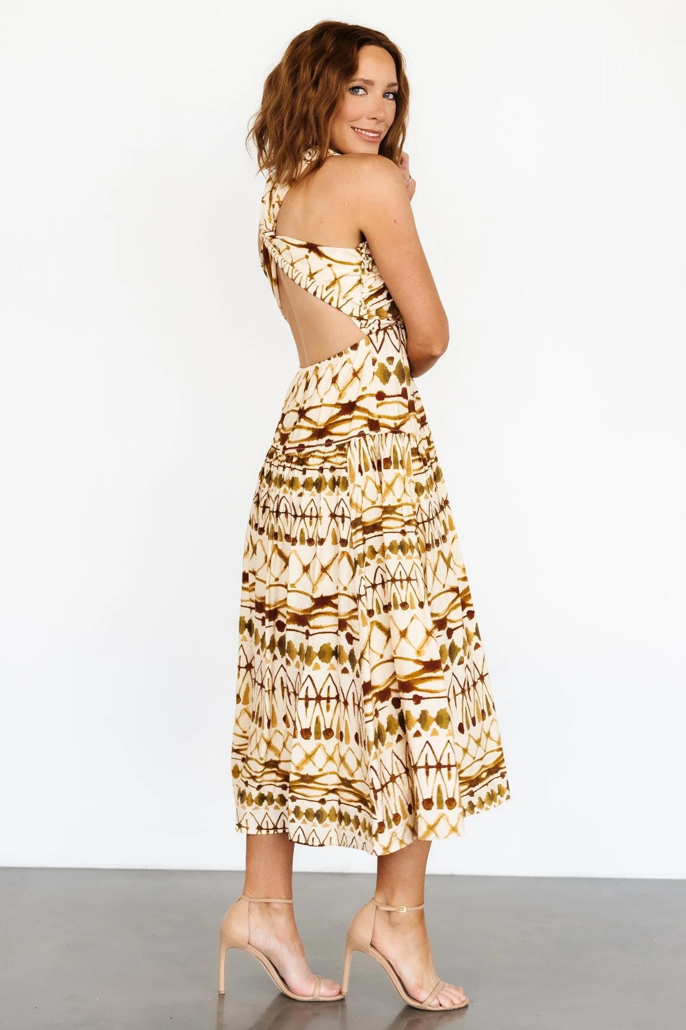 Seraphina Open Back Midi Dress — Tan Multi 8 Seraphina Open Back Midi Dress — Tan Multi