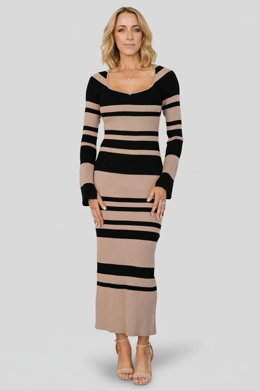 Marika Ribbed Midi Dress, Camel & Black Stripe