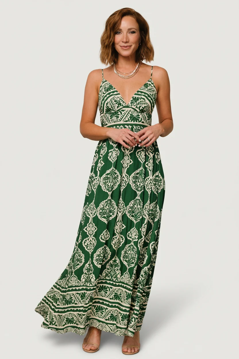 Davinah V-Neck Maxi Dress — Green Print