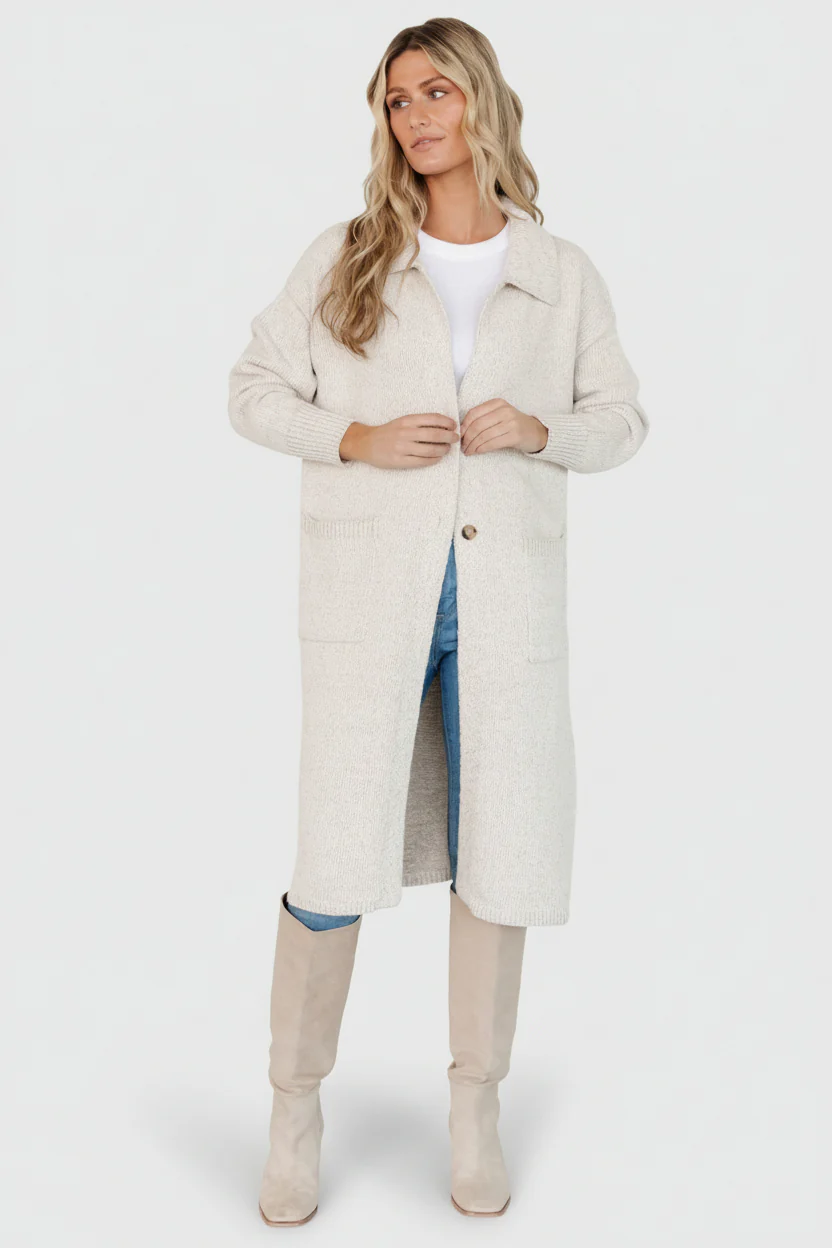 Ontario Long Button Cardigan - Oatmeal Ribbed