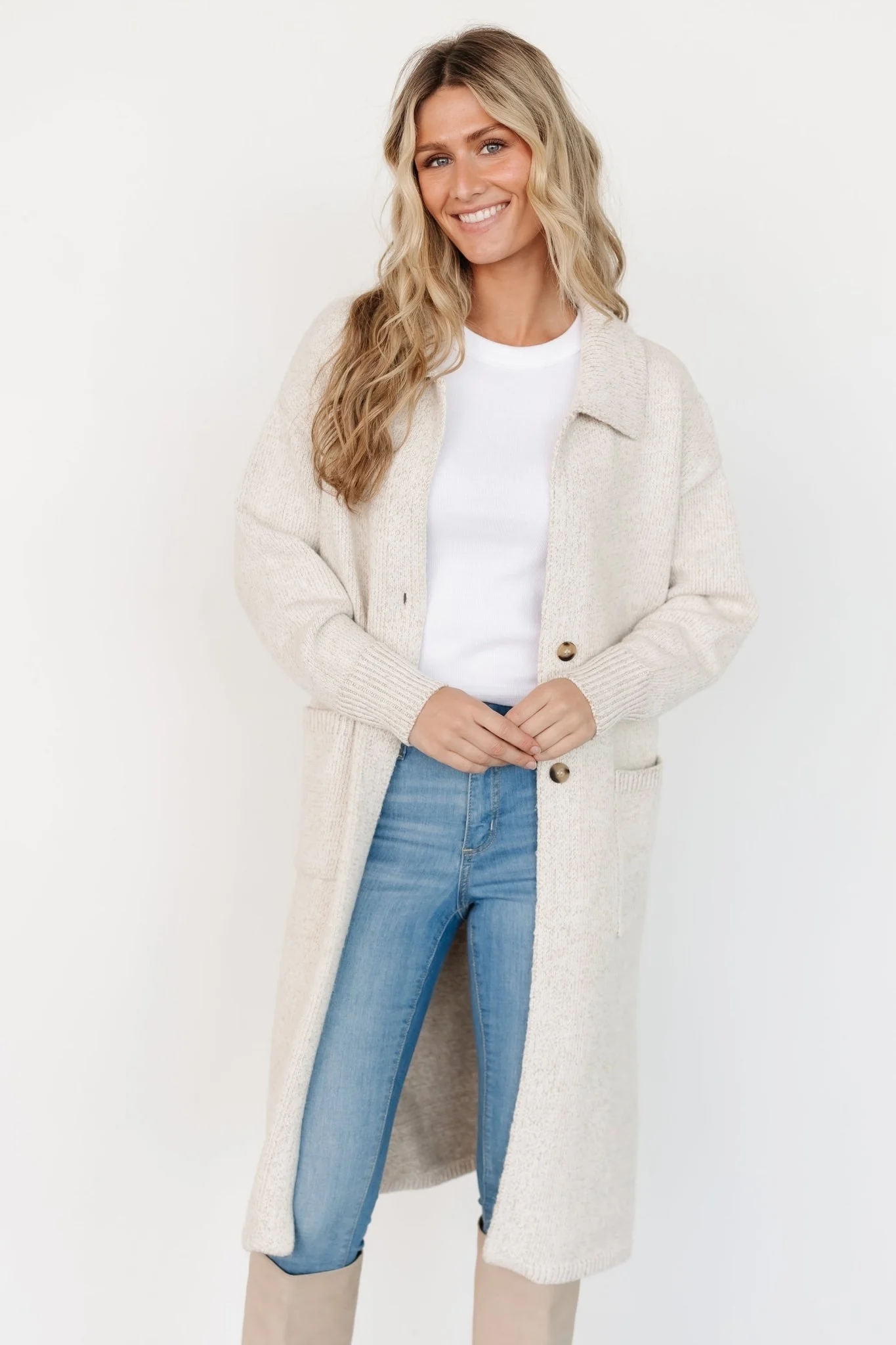 Ontario Long Button Cardigan - Oatmeal Ribbed 2 Ontario Long Button Cardigan - Oatmeal Ribbed