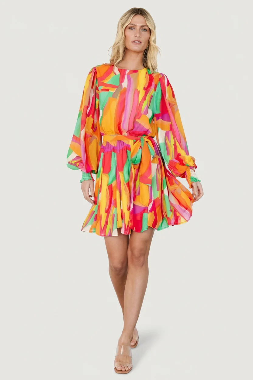 Tavana Short Dress — Multi Print Chiffon Mini