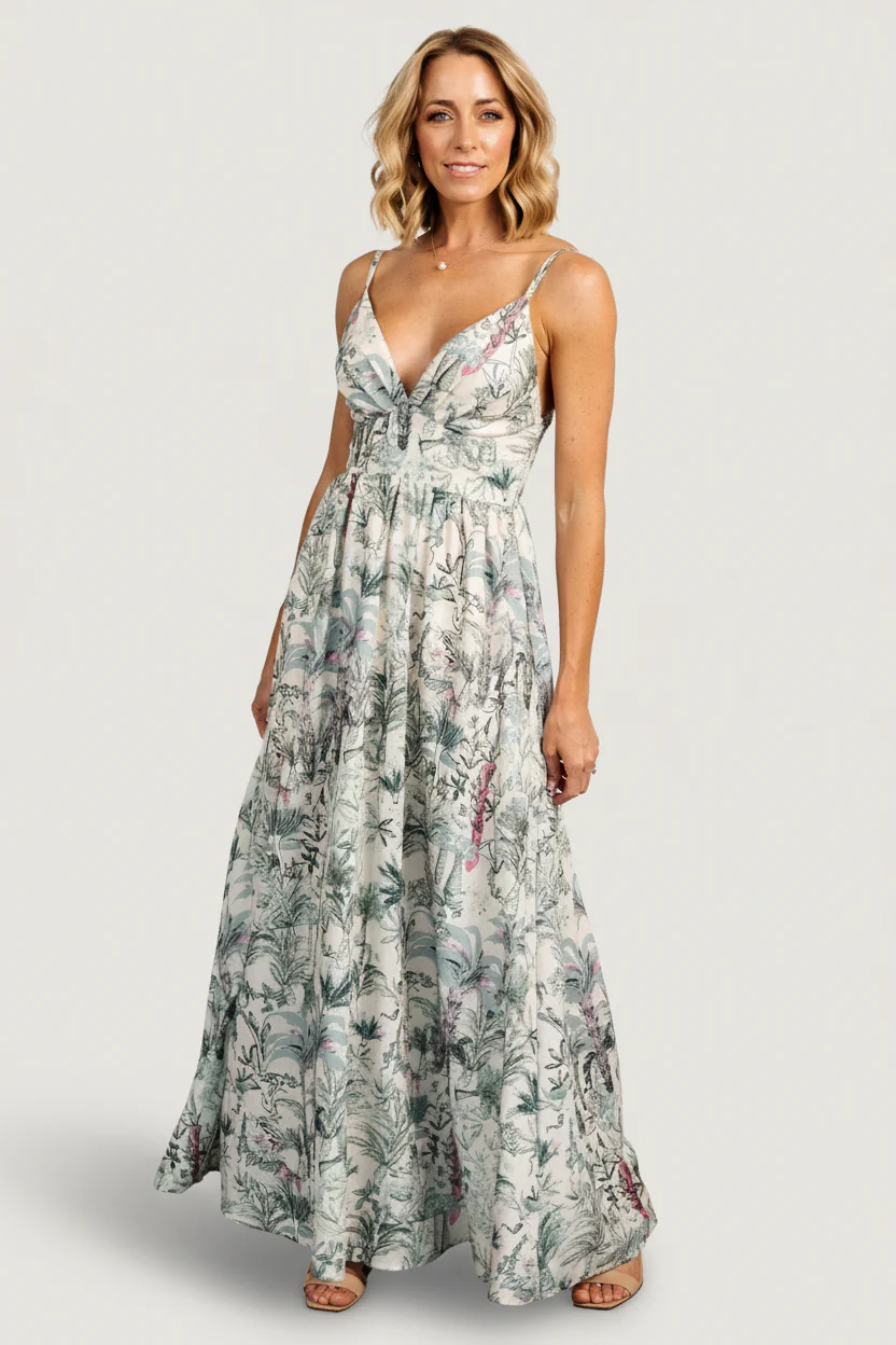 Naia Maxi Dress - Natural Sage Tropical Print