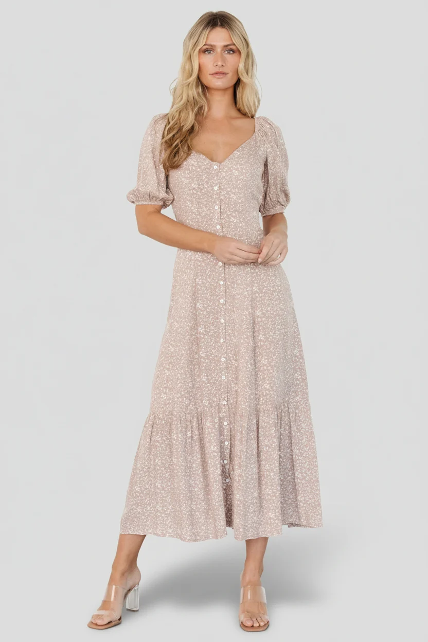 Mathilda Button Maxi Dress — Beige Floral