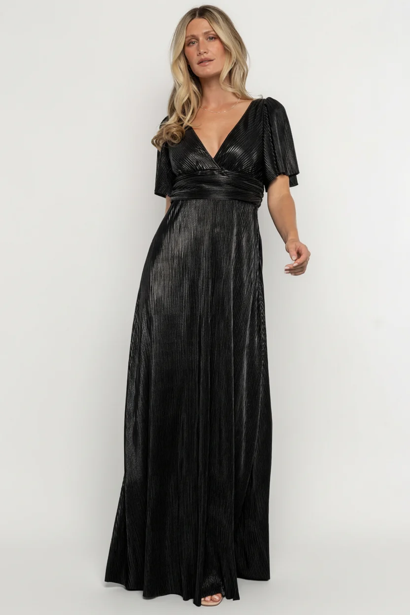 Venetian Pleated Satin Maxi Gown - Black