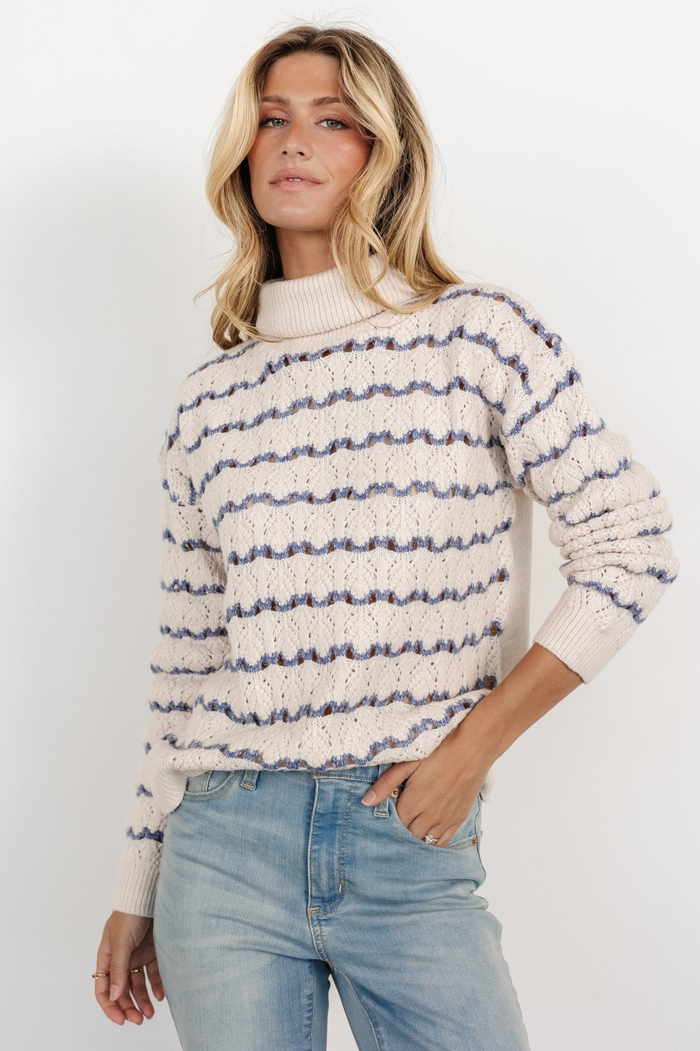Hollis Knit Turtleneck Sweater - Ivory & Blue