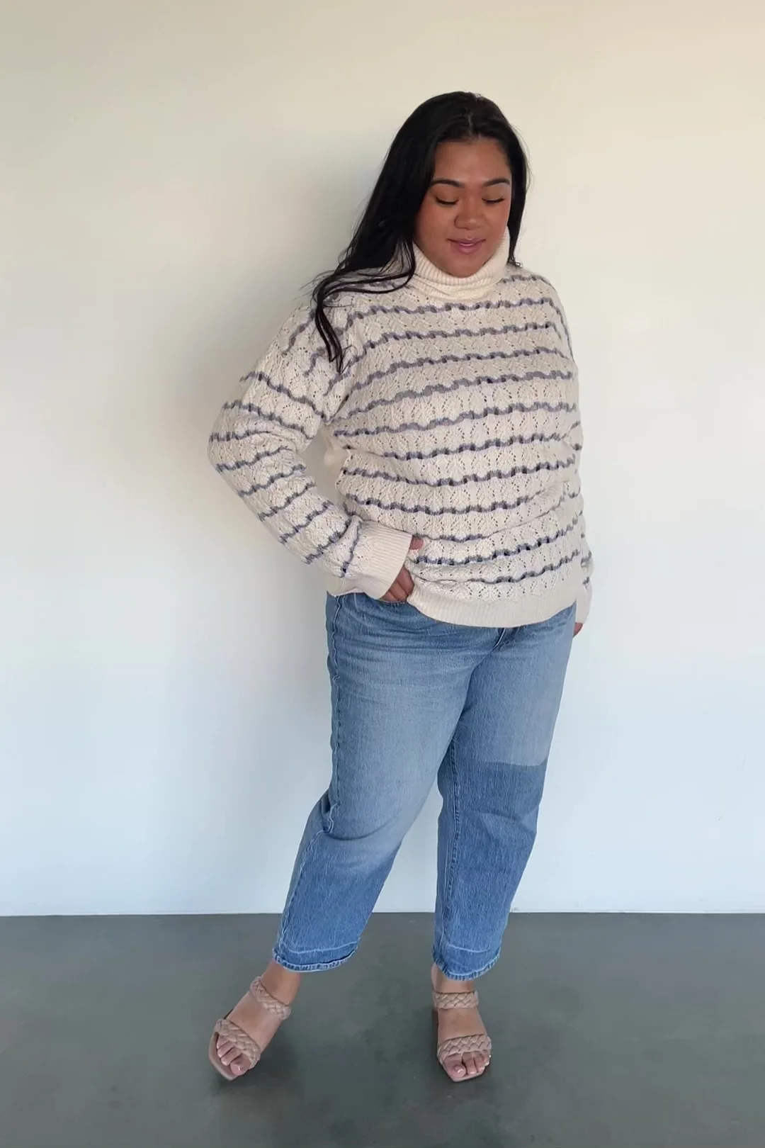 Hollis Knit Turtleneck Sweater - Ivory & Blue