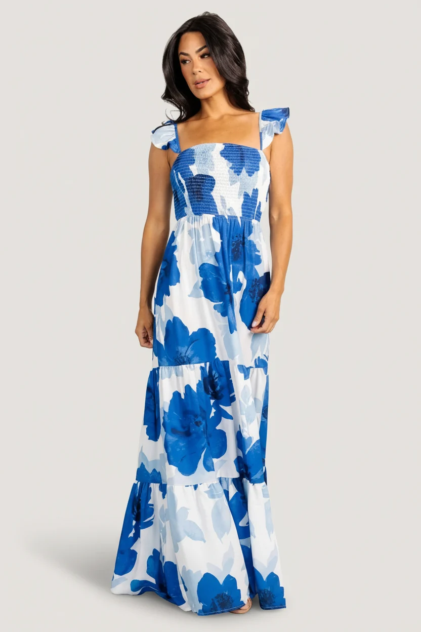 Mikaela Maxi Dress — Blue Floral Smocked Maxi