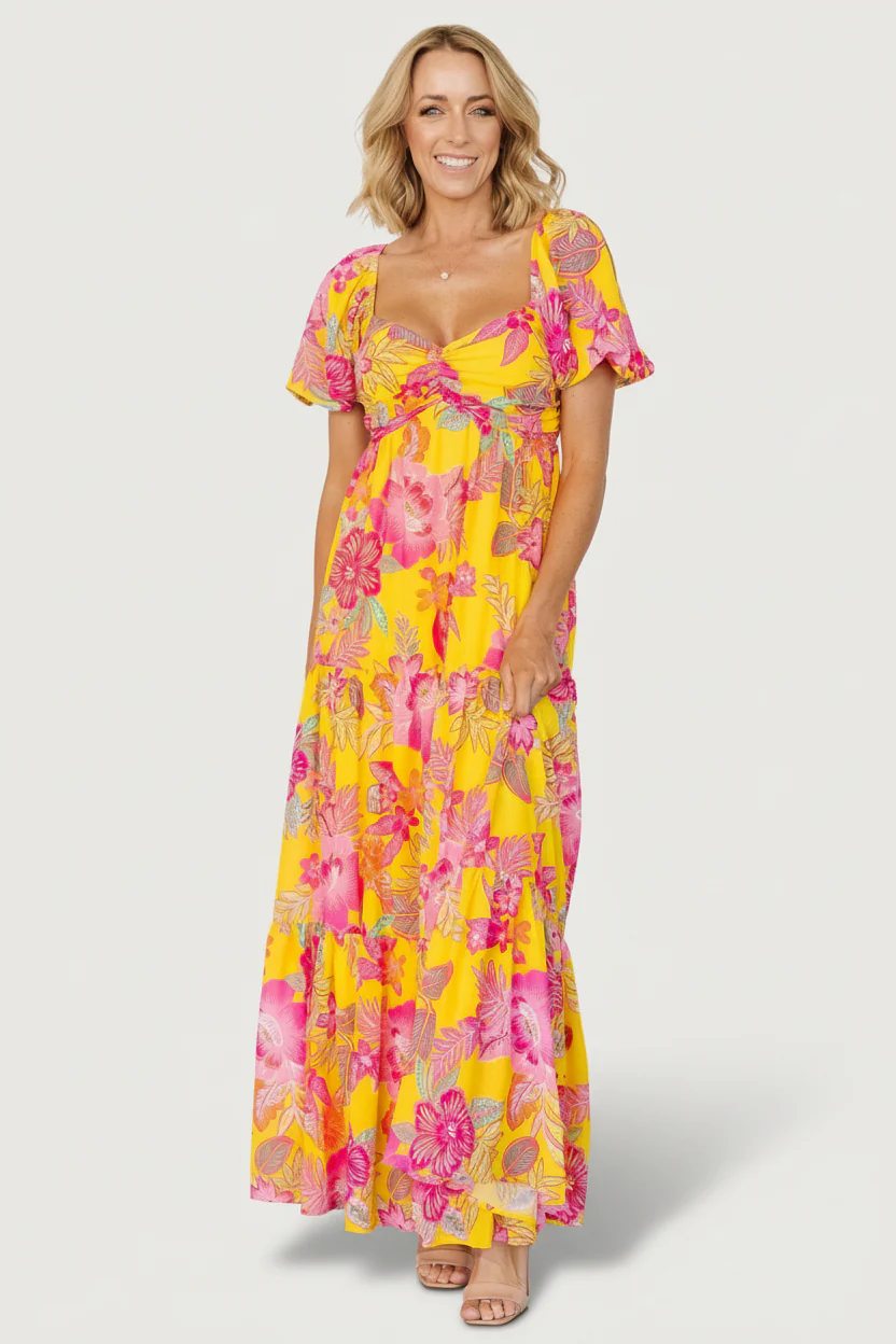 Darla Chiffon Maxi — Yellow & Pink Floral