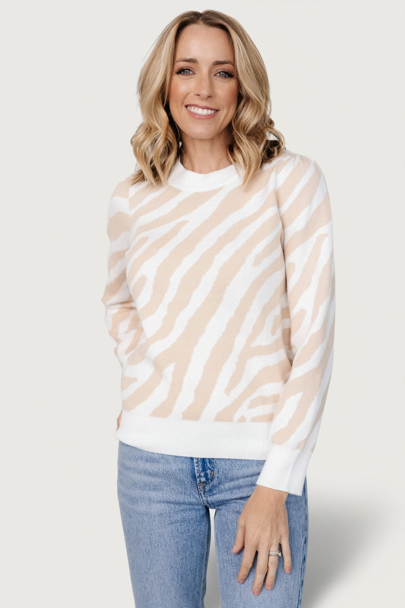 Carter Zebra-Print Knit Sweater — Oatmeal
