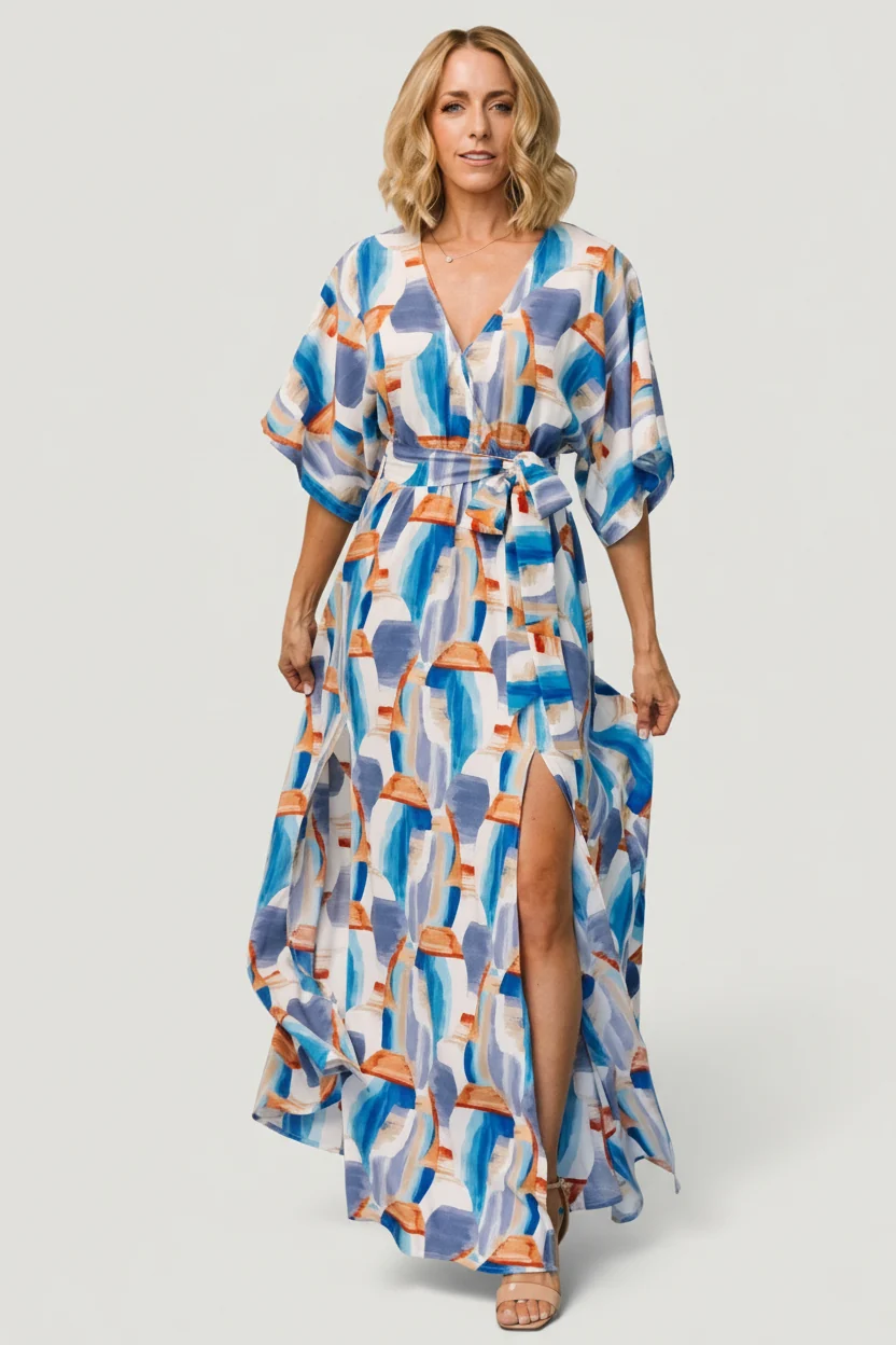 Morgan Maxi Dress — Blue Brushstroke Print