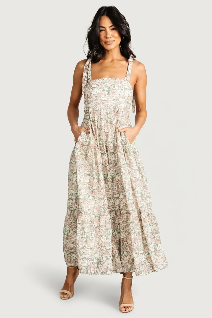 Lelisa Shoulder Tie Maxi Dress — Cream Floral