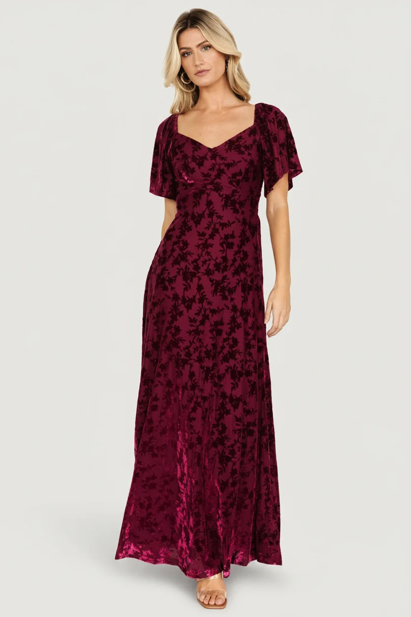 Everley Velvet Maxi Dress — Mulberry Floral 1 Everley Velvet Maxi Dress — Mulberry Floral
