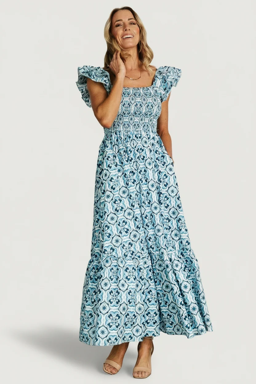 Zoey Smocked Maxi Dress — Blue Floral, Cotton