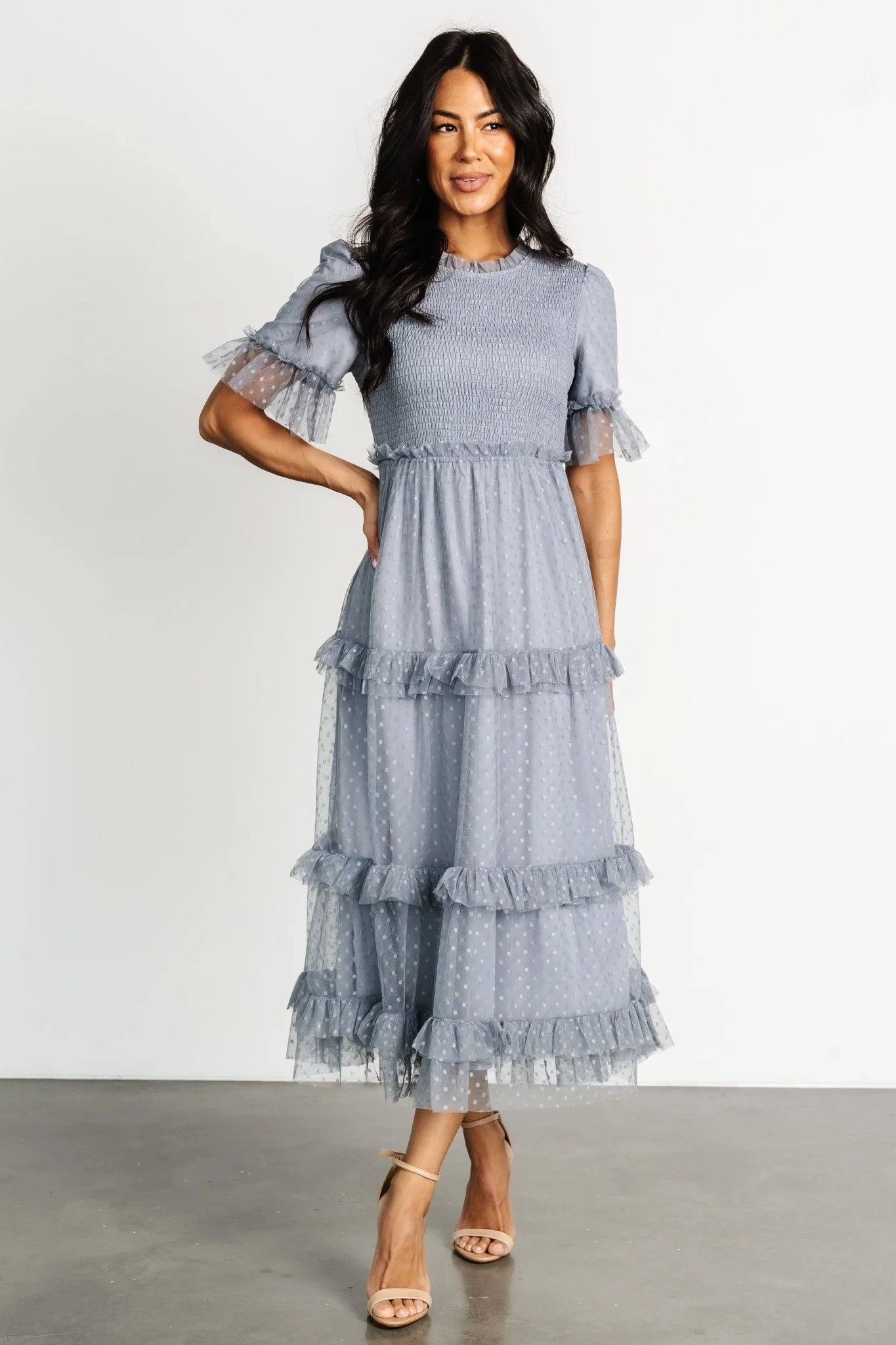 Lysandra Smocked Dot Dress, Dusty Slate