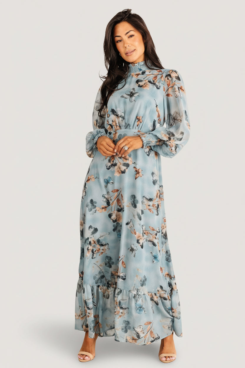 Luciana Smocked Maxi Dress - Cyan Blue Floral