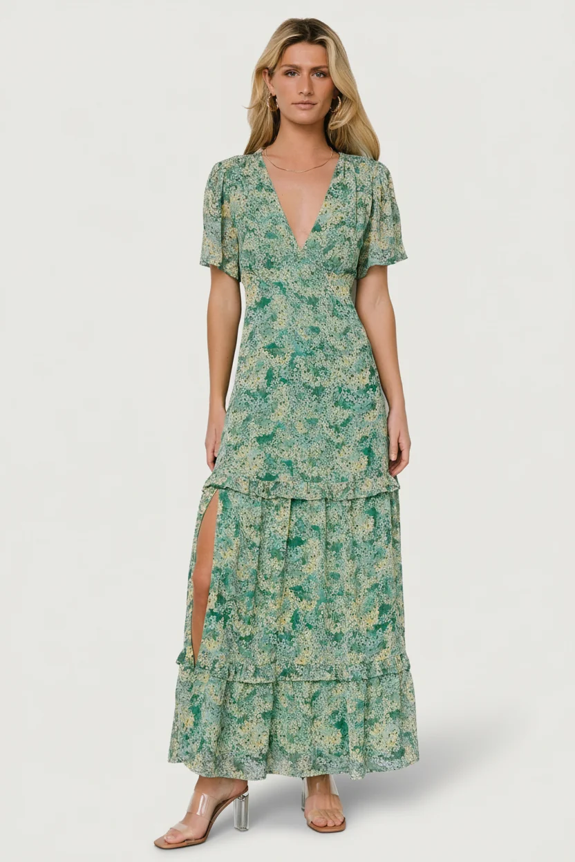 Audrey Deep V Maxi Dress - Green Floral