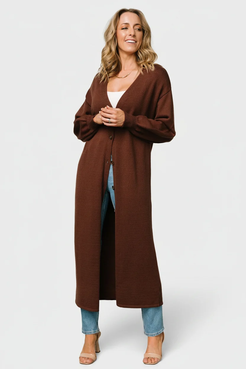 Ethel Long Cardigan - Open Sweater, Dark Brown 4 Ethel Long Cardigan - Open Sweater, Dark Brown