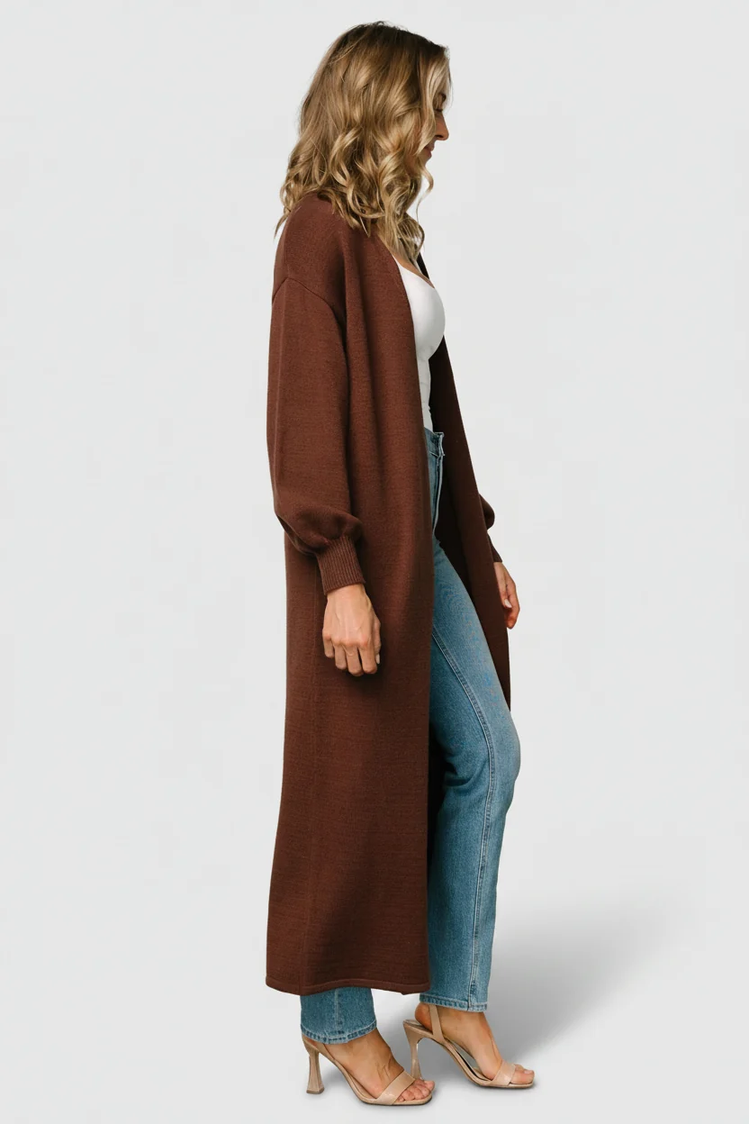 Ethel Long Cardigan - Open Sweater, Dark Brown 5 Ethel Long Cardigan - Open Sweater, Dark Brown
