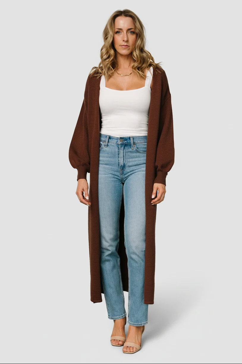 Ethel Long Cardigan - Open Sweater, Dark Brown 9 Ethel Long Cardigan - Open Sweater, Dark Brown