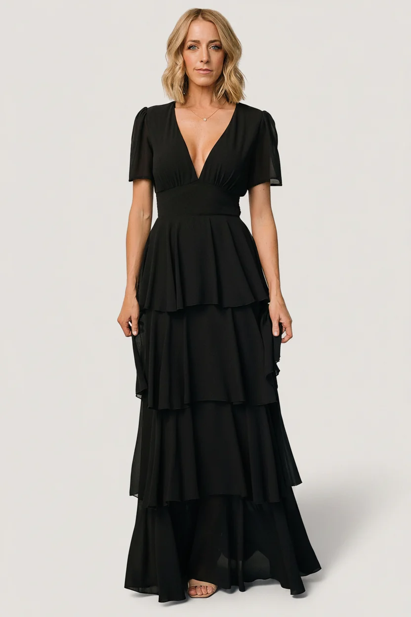 Montaigne Ruffle Maxi Dress — Black Chiffon