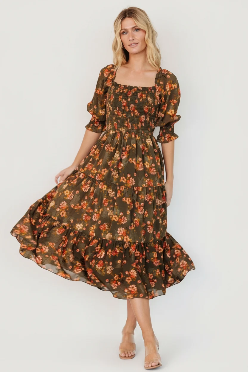 Fabian Jacquard Midi Dress — Olive Floral