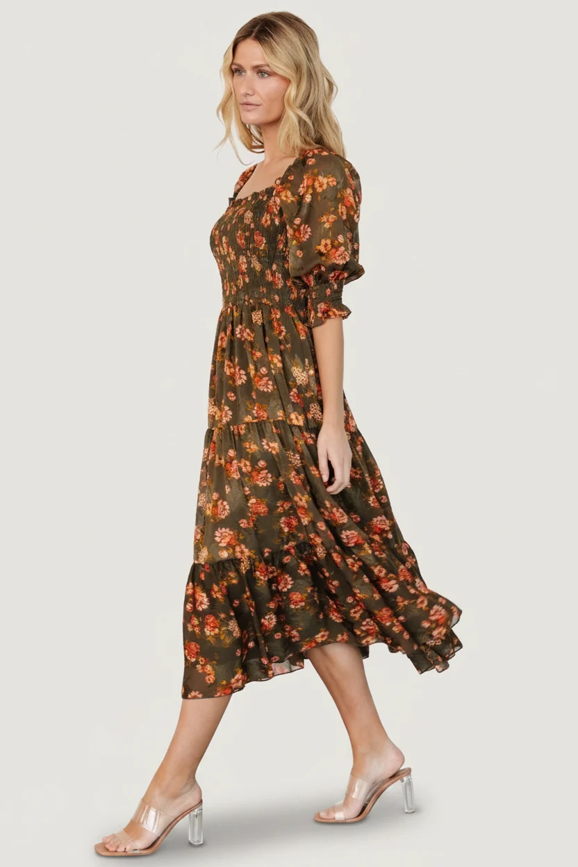 Fabian Jacquard Midi Dress — Olive Floral 4 Fabian Jacquard Midi Dress — Olive Floral