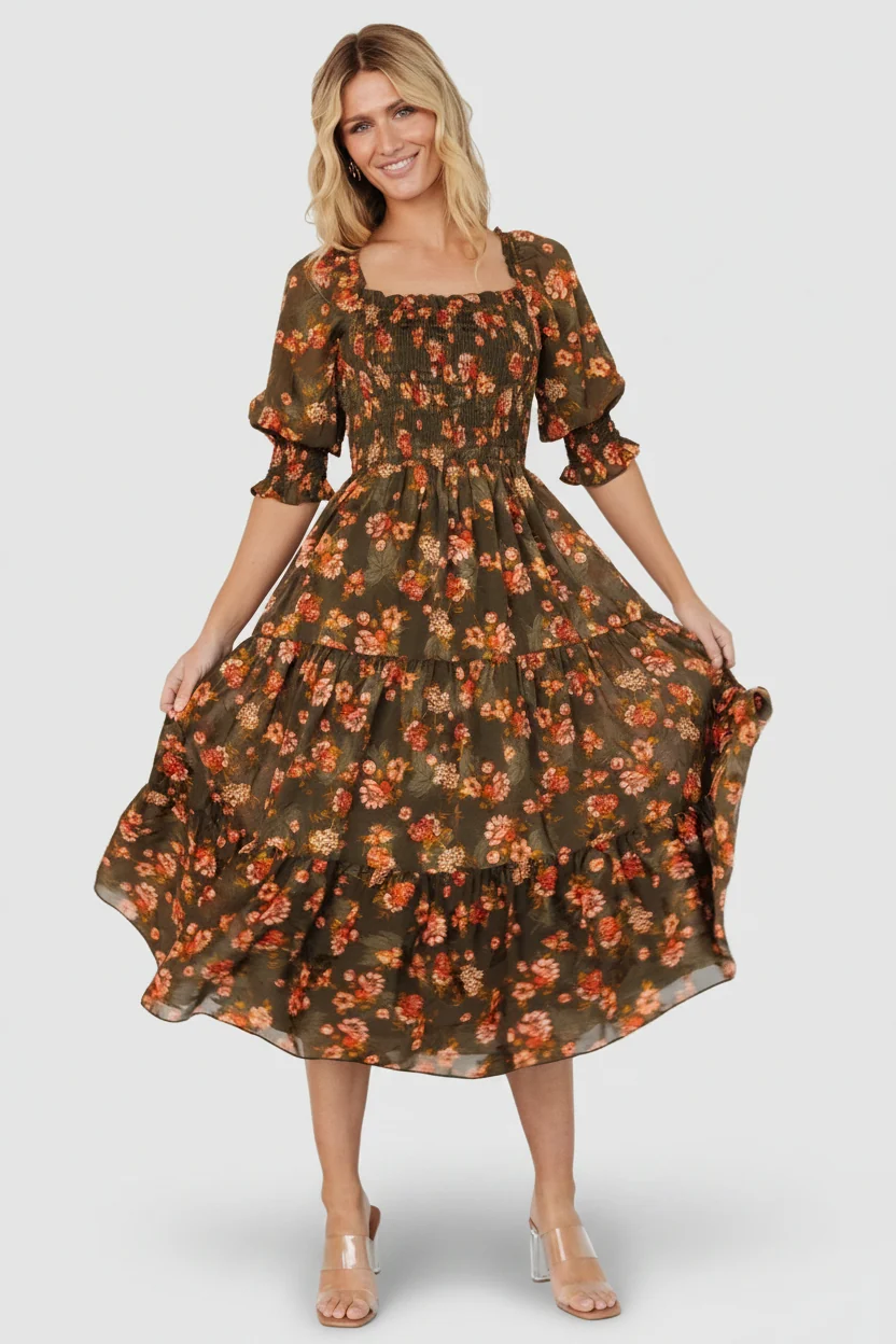 Fabian Jacquard Midi Dress — Olive Floral 5 Fabian Jacquard Midi Dress — Olive Floral