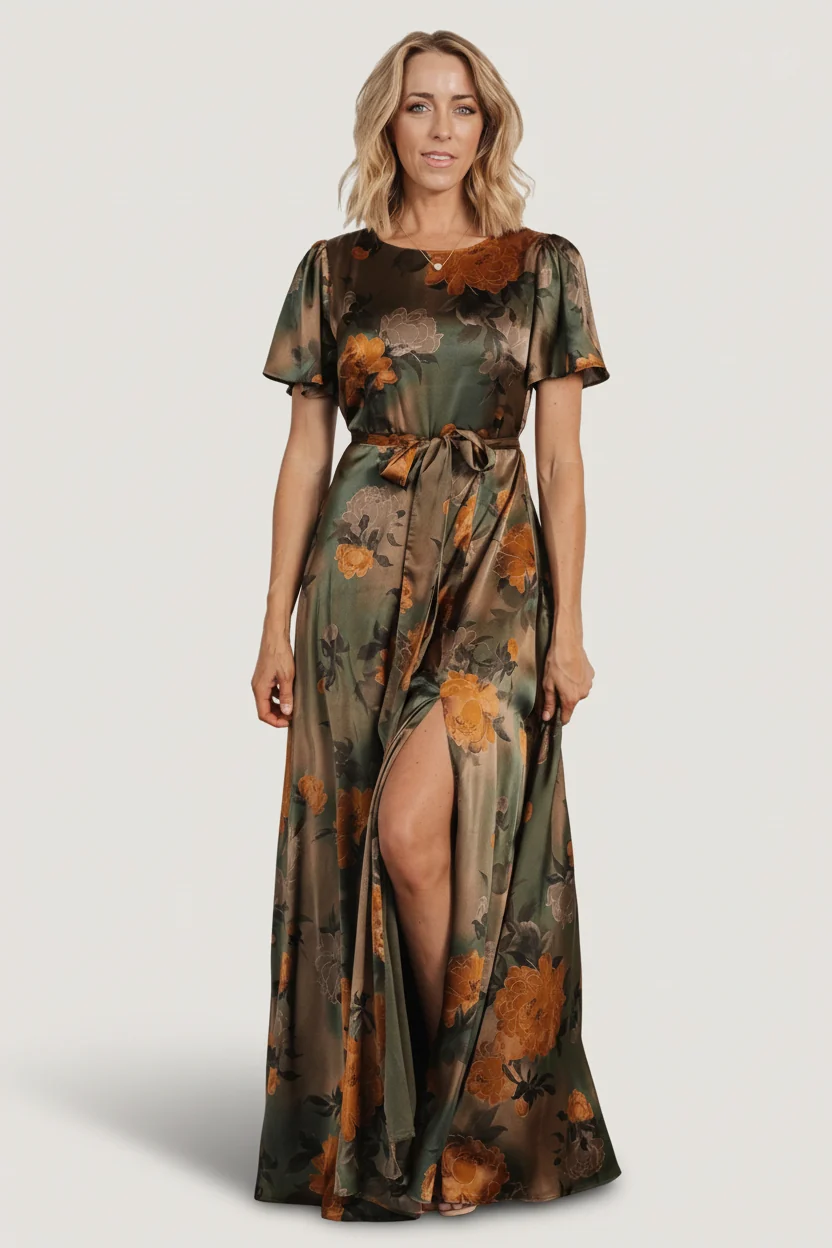 Agnes Satin Maxi Dress — Olive Floral