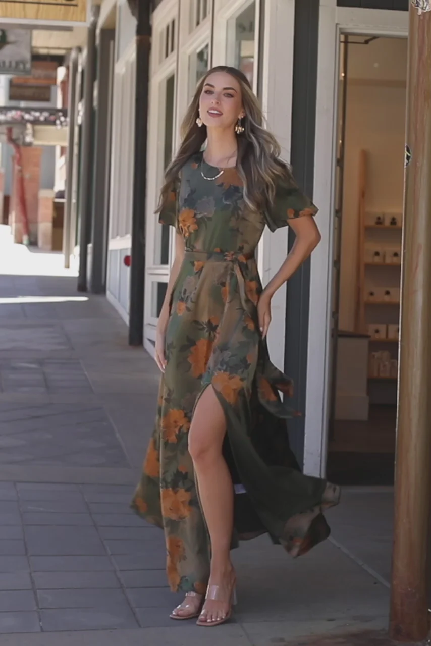 Agnes Satin Maxi Dress — Olive Floral