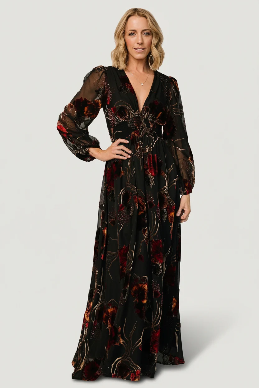 Mikla Burnout Velvet Maxi Dress — Black