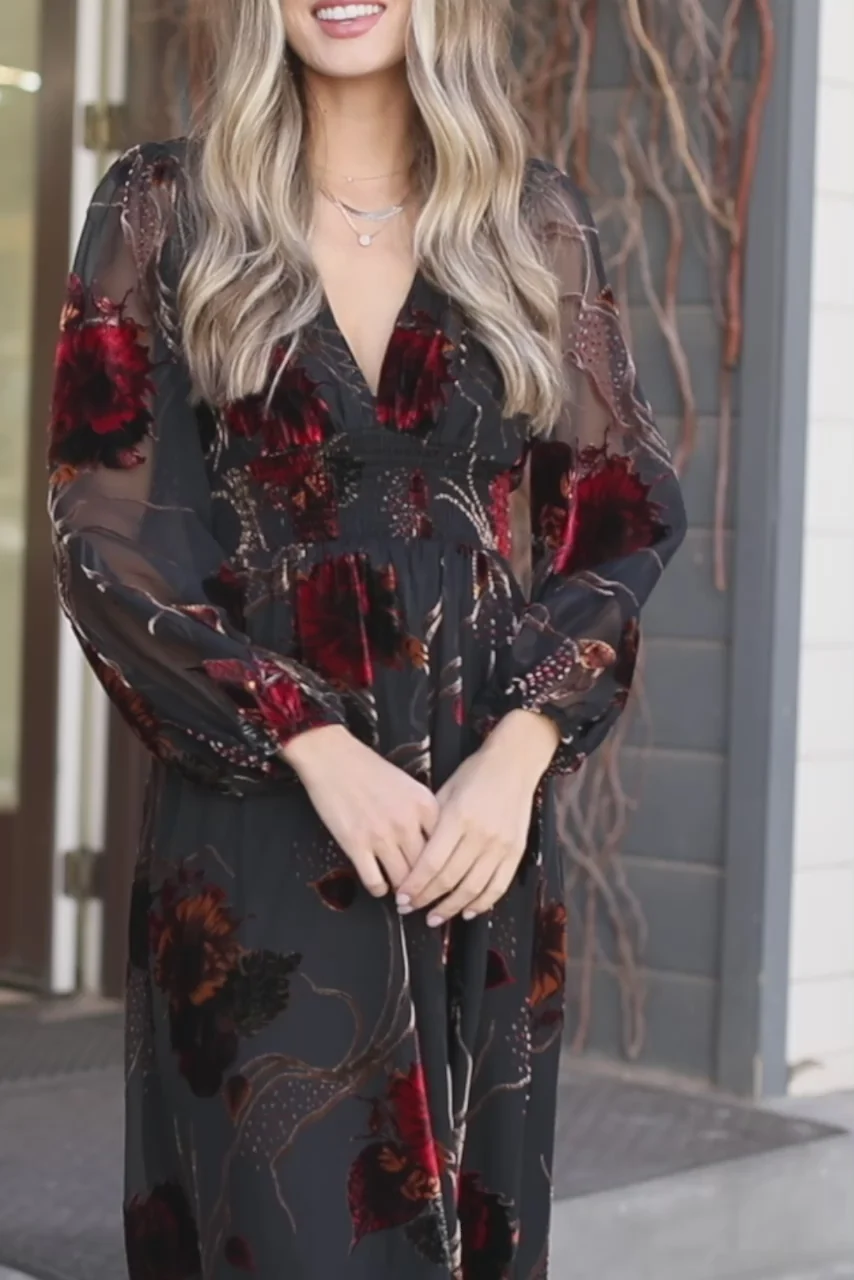Mikla Burnout Velvet Maxi Dress — Black