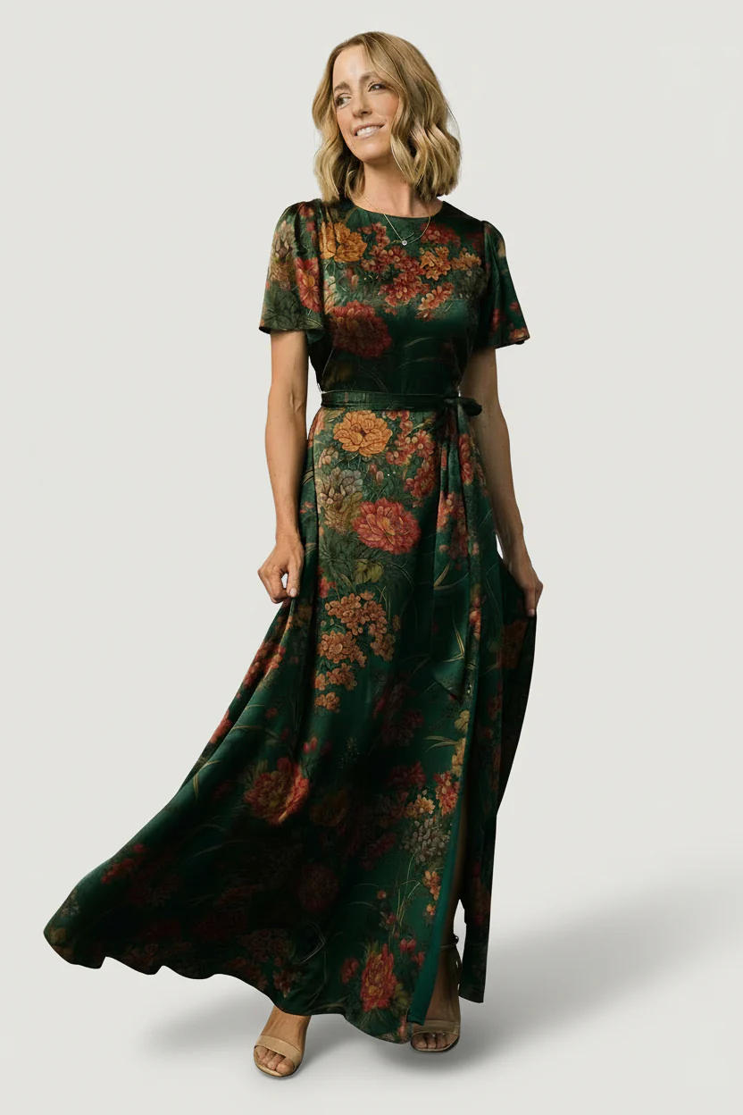 Agnes Satin Maxi Dress — Dark Green Floral