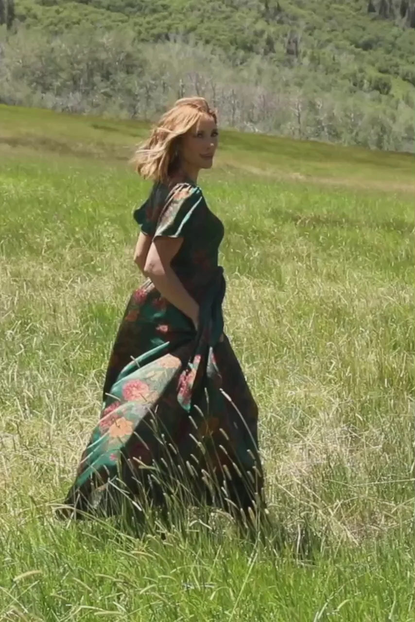 Agnes Satin Maxi Dress — Dark Green Floral