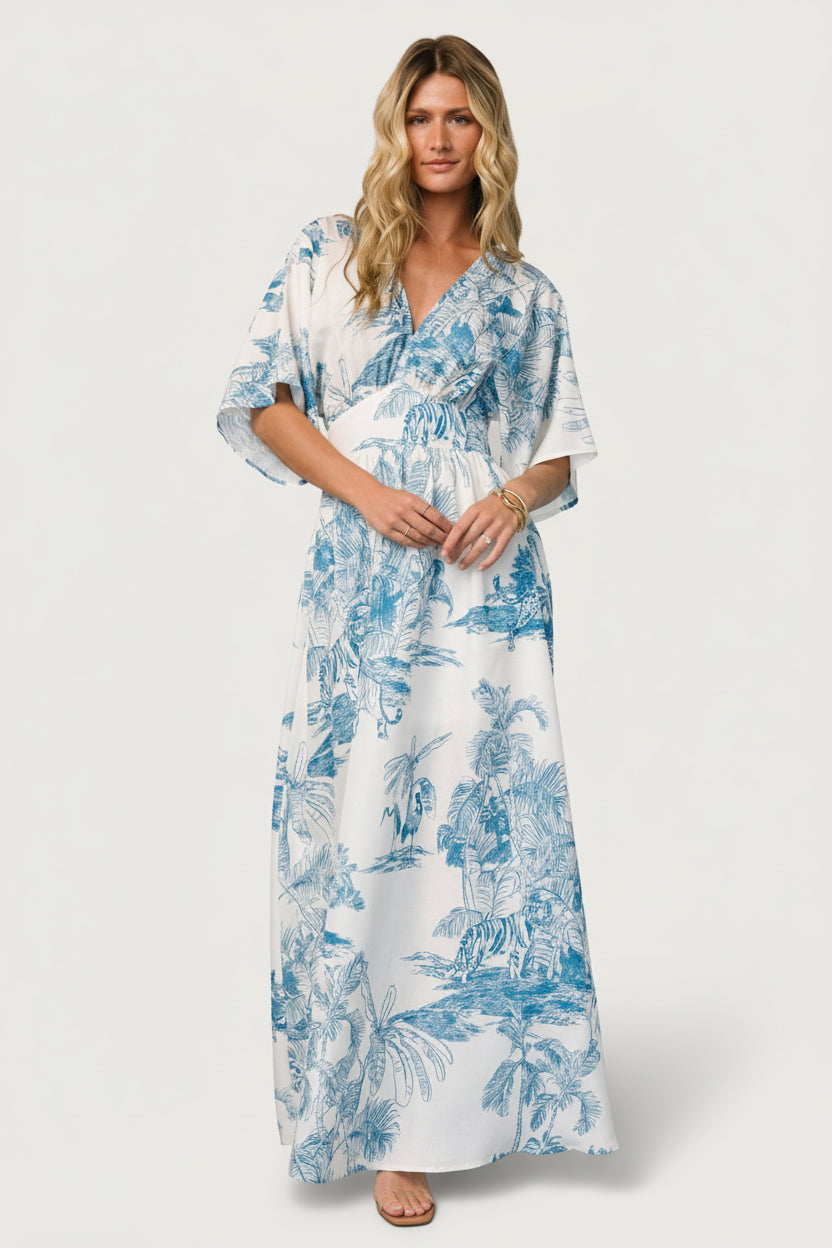 Dara Maxi Dress — Ivory & Blue Tropical Maxi