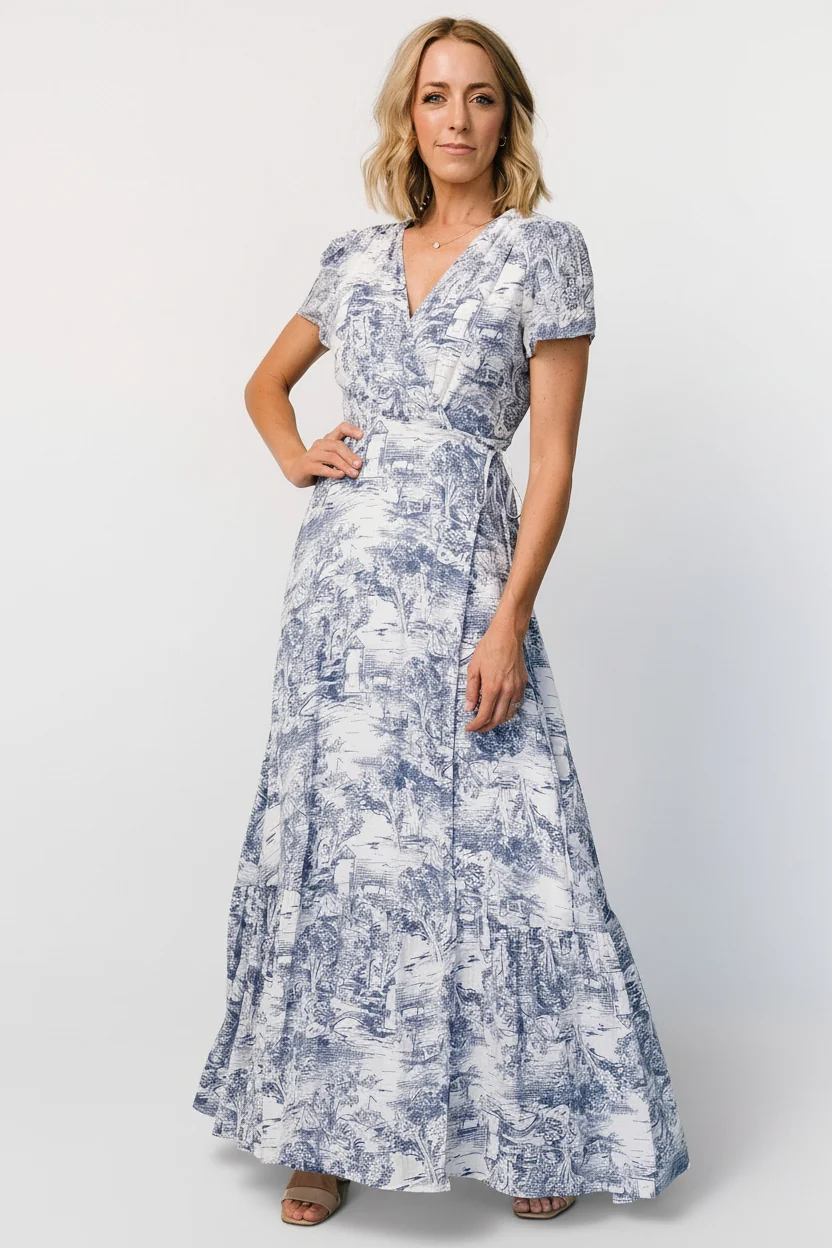 Dulce Wrap Maxi Dress, White & Blue Print