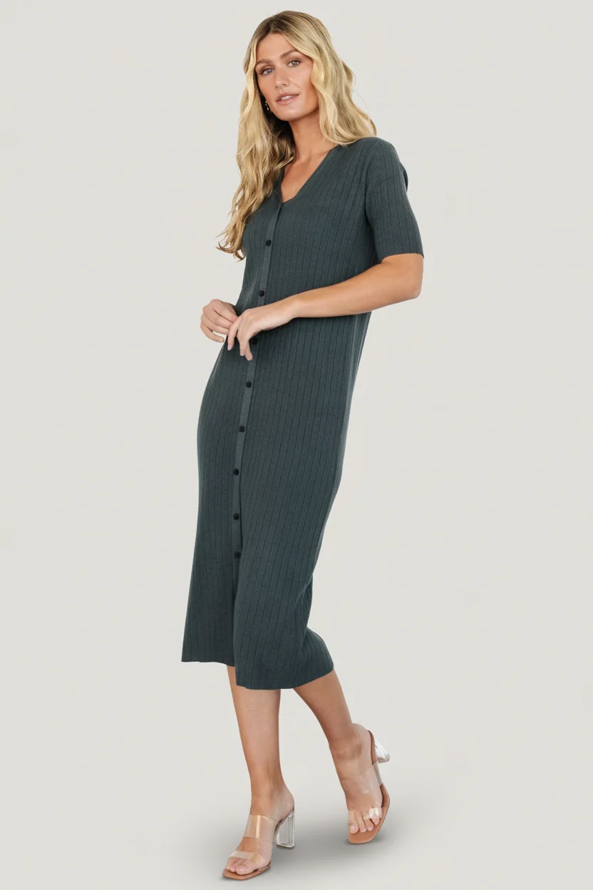 Alicia Ribbed Midi Dress in Dusty Jade