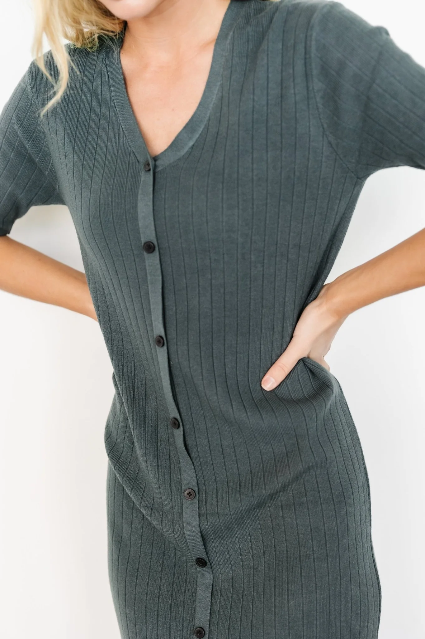 Alicia Ribbed Midi Dress in Dusty Jade
