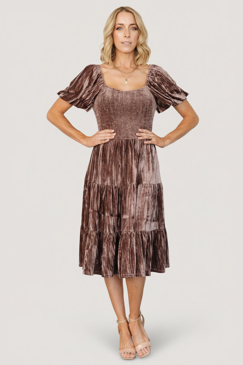 Fay Velvet Dress - Dusty Cocoa Smocked Tier