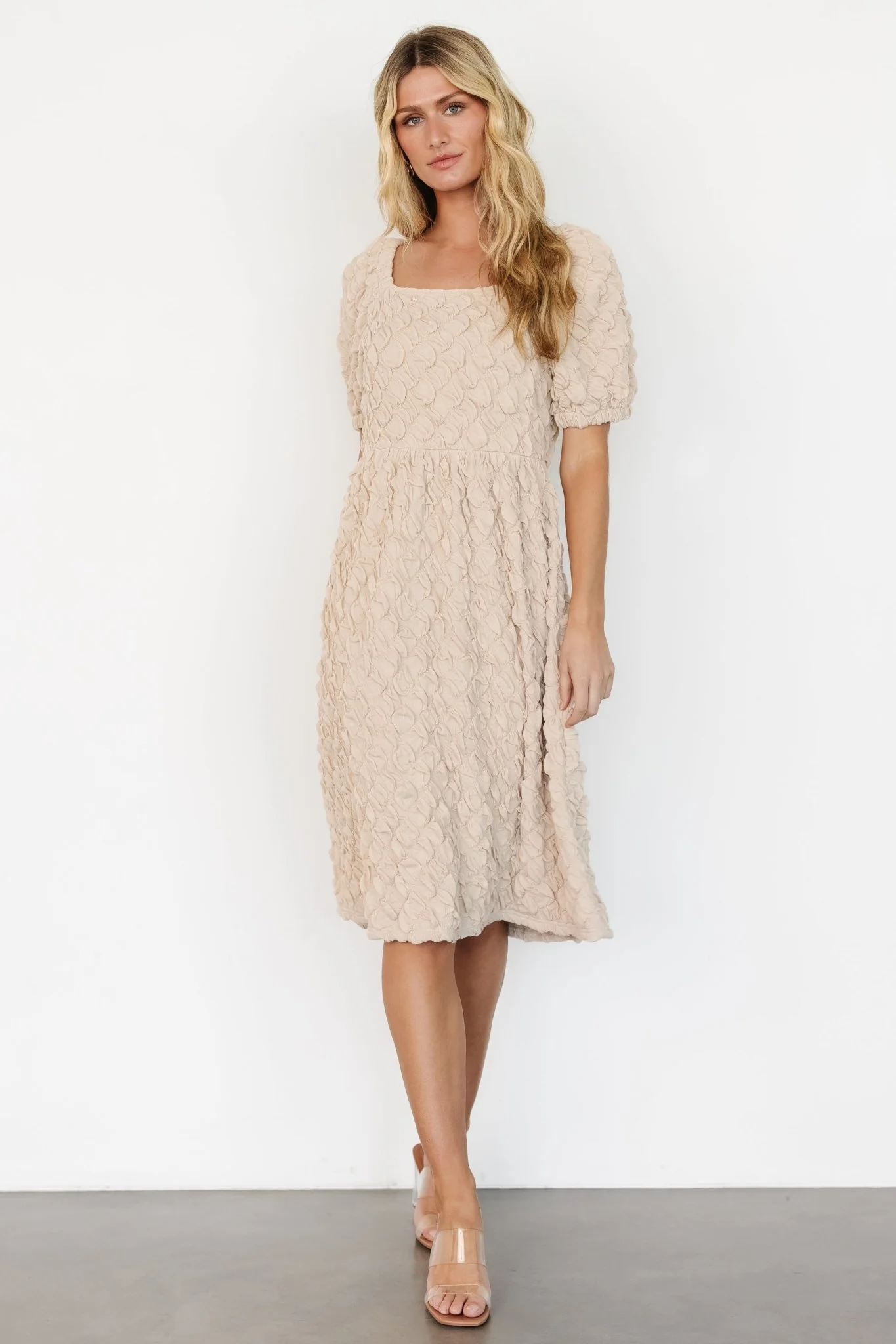 Keri Gathered Midi Dress — Light Taupe