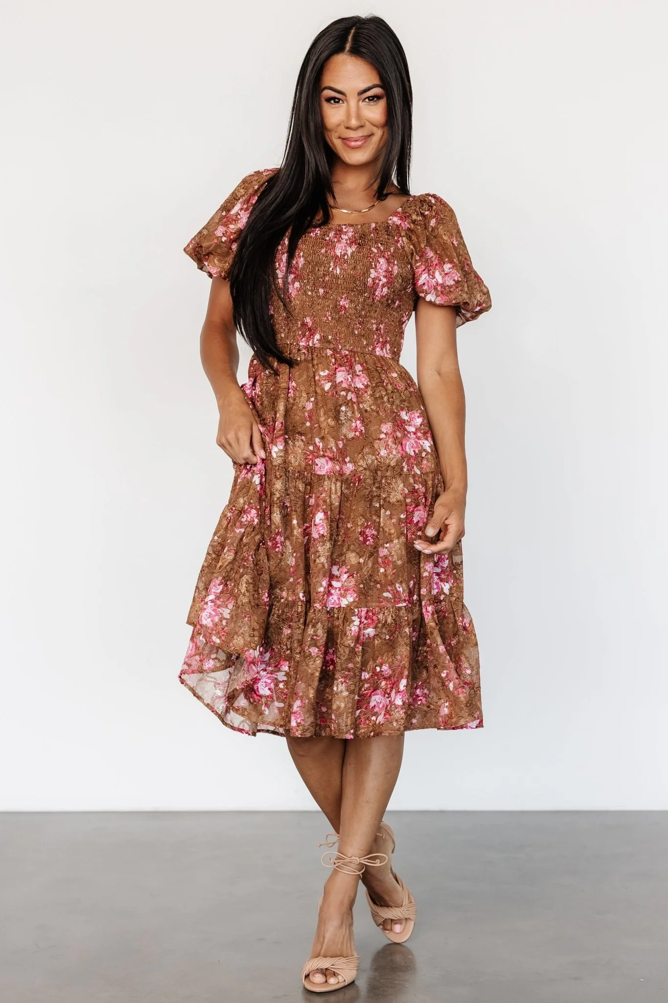 Lizzy Smocked Midi Dress — Copper & Pink
