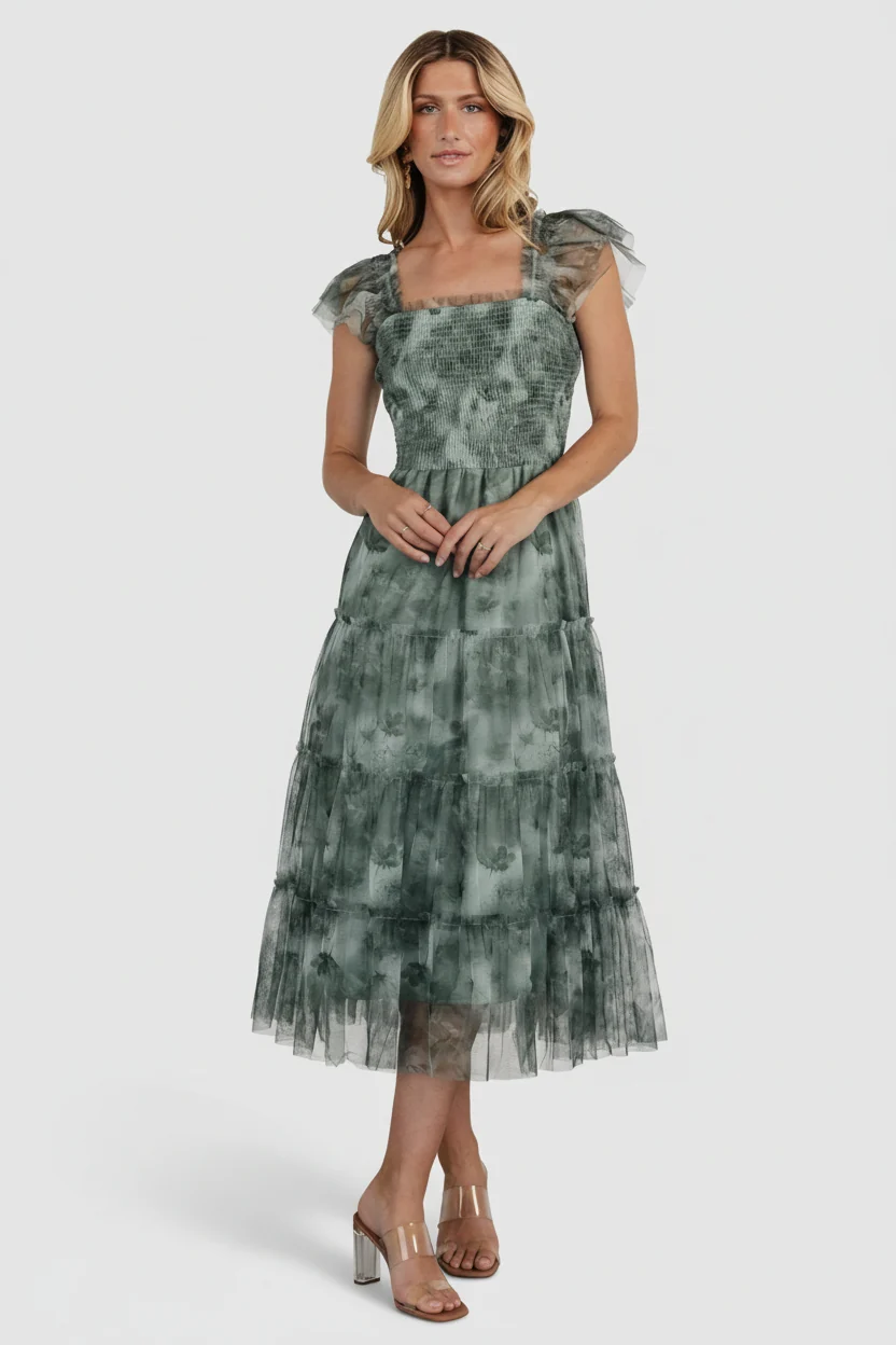 Clementine Tulle Midi Dress, Dusty Green