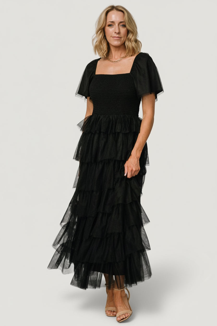 Cherise Tulle Tiered Maxi Dress — Black