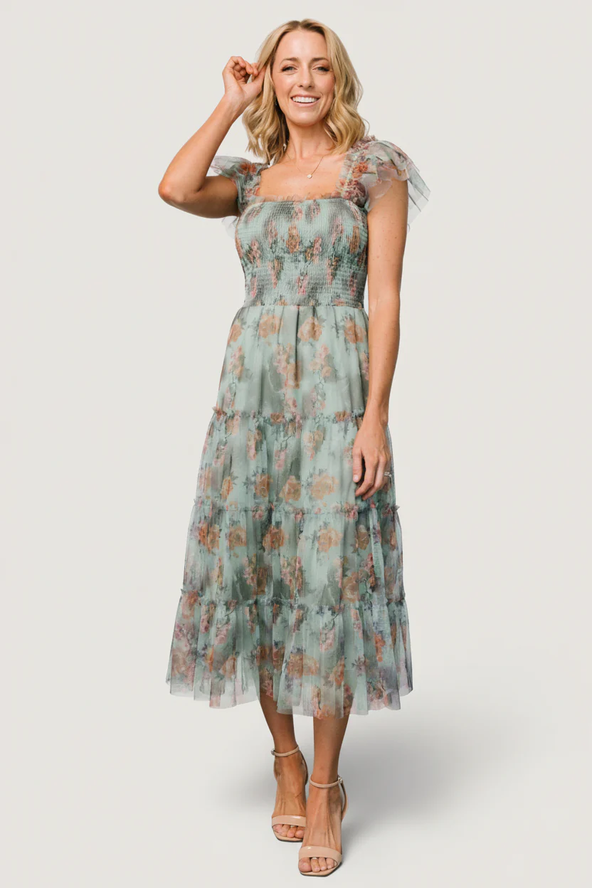 Clementine Tulle Midi Dress, Sage Multi Floral