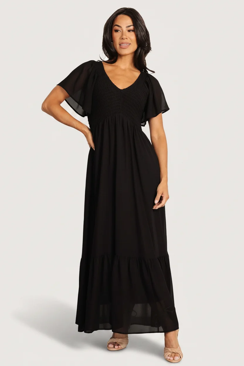 Monica Smocked Maxi Dress — Black Chiffon