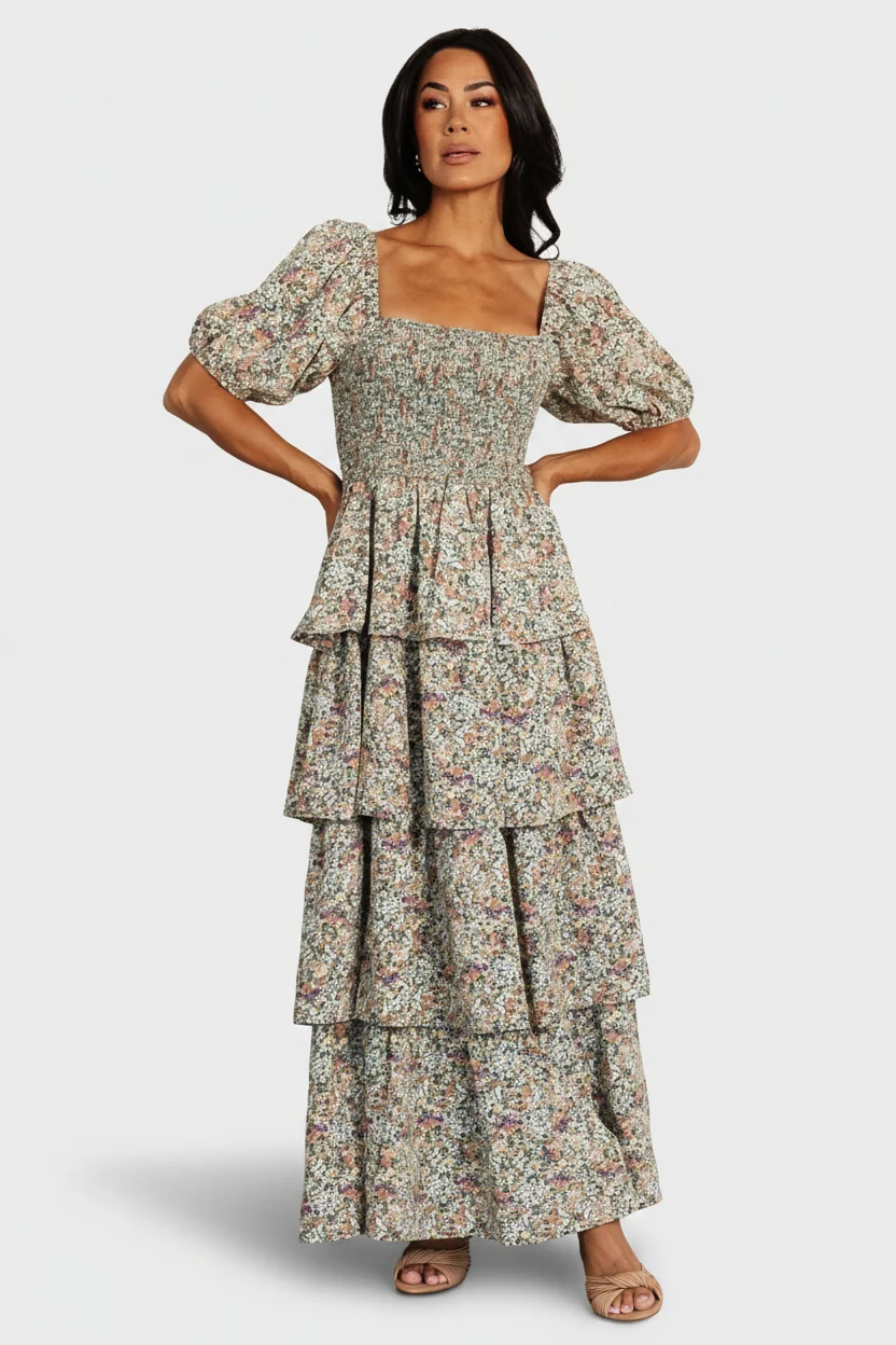 Felicia Tiered Maxi Dress, Green Multi