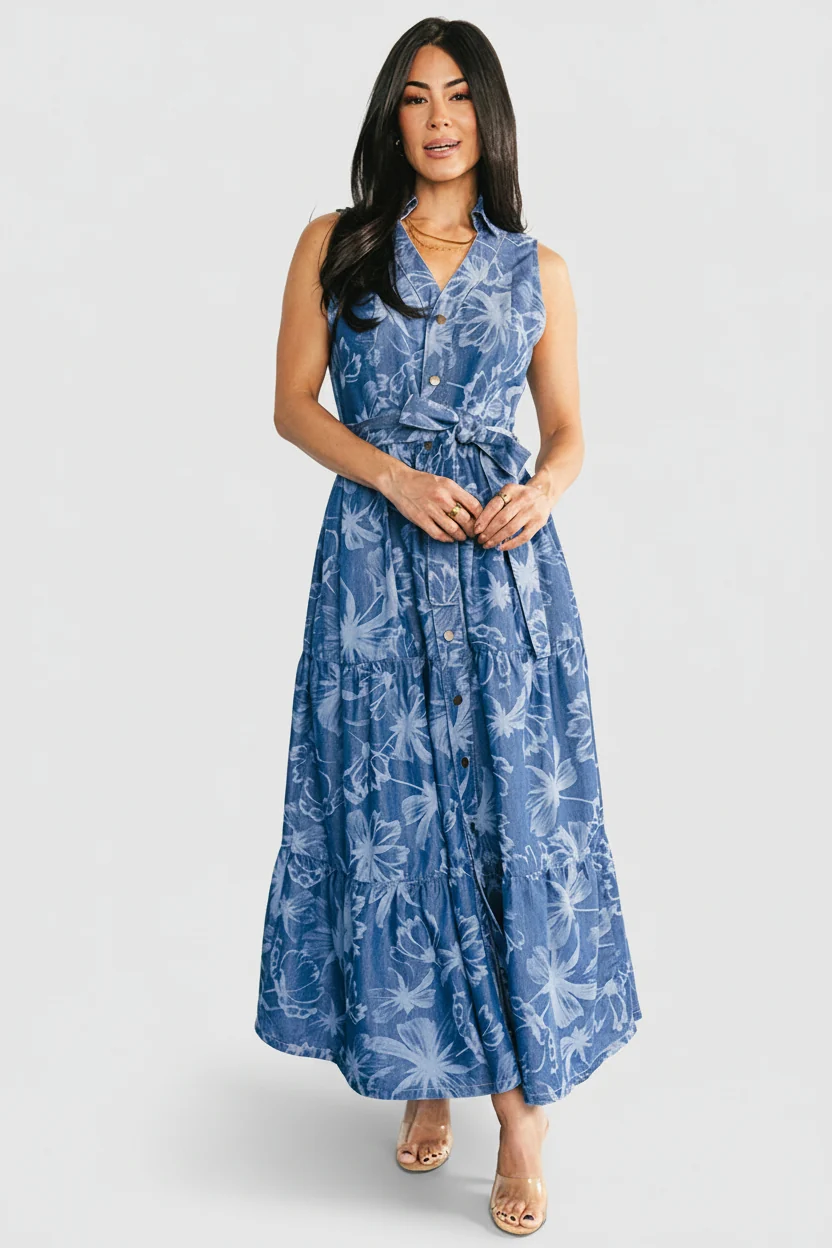 Rocío Denim Maxi Dress — Blue Print Floral